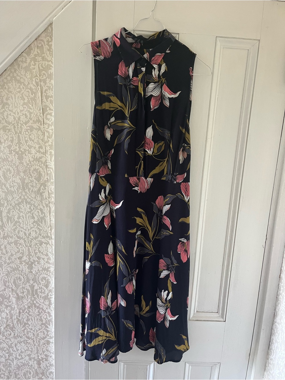 Ann Taylor Navy Coral & Mustard Floral Midi Dress